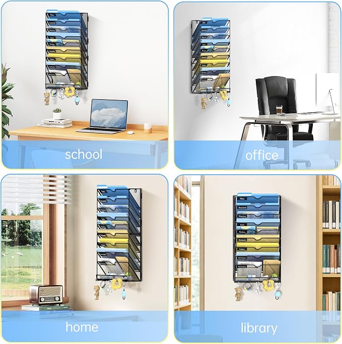 10-Tier Wall File Organizer with Hooks, Hanging File Organizer | Metal Mesh Mail Organizer, Wall Mounted File Organizer for Home, Classroom, Office Organization