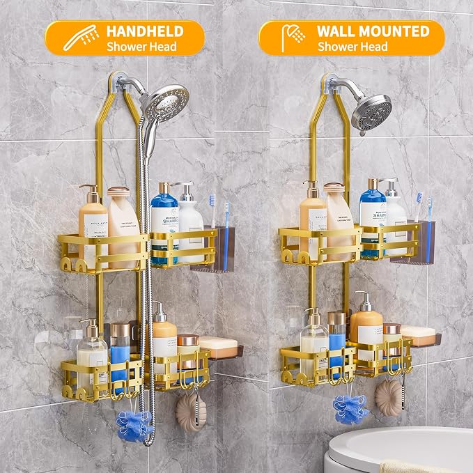 GAOKASE Aluminum Shower Caddy Hanging, Never Rust Shower Organizer | 4 Levels with adjustable Height 10 Hooks for Razor/Sponge - Rack with Soap Basket (Gold)