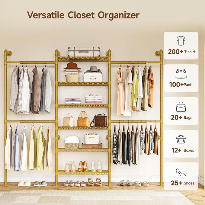 ONBRILL H3 Expandable Wall Mounted Closet System, 5.4FT-8.1FT Closet Organizer with 4 Telescopic Rods & 6 Wire Shelves, Industrial Pipe Clothing Rack for Walk-in & Reach-in Closet (Gold)