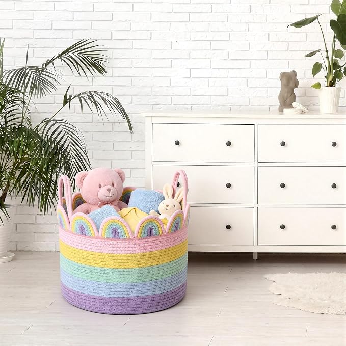 LemonRoad Pastel Rainbow Round Basket Large Blanket Basket 16" x 14" Scalloped Woven Baskets Cotton Storage Baskets for Nursery Classroom Closet Blankets Storage Home Decor