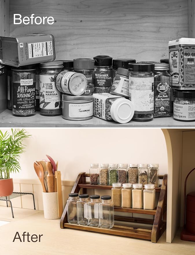 Tinamo Acacia Wood Spice Rack - Wooden 3-Tier Spice Rack Organizer for Countertop or Cabinet – Kitchen Spice Organizer and Seasoning Organizer Shelf (Walnut) | Acacia Wood, 3-tier Spacious Design for 24 Spice Jars, Cutout Grooves for Secure Storage, Ea...