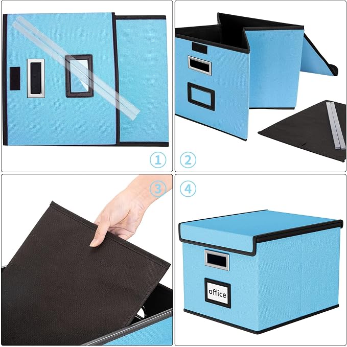 File Organizer Box with Lids, Collapsible File Folder Organizer | File Box with Plastic Slides for Office Document Storage, Filing Bin for Letter Size Hanging File Folders (1 Pack, Sky-blue)