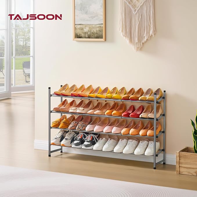 Expandable Shoe Rack for Closet 4 Tier, 28“-41“Stackable, Grey | Adjustable Shoe Organizer Closet Shoe Rack Floor, Metal Shoe Shelf Storage for Entryway, Closet, Garage, Front Door Entrance
