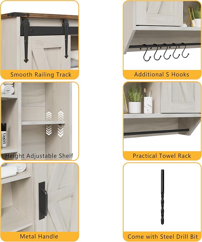 Trironsun Farmhouse Medicine Cabinet 2 Sliding Barn Doors 3 Tier Rustic Wood Wall Storage Cabinet Adjustable Shelf Towel Bar Wall Mounted Bathroom Wall Cabinet (Antique White, 30.71 Inch)