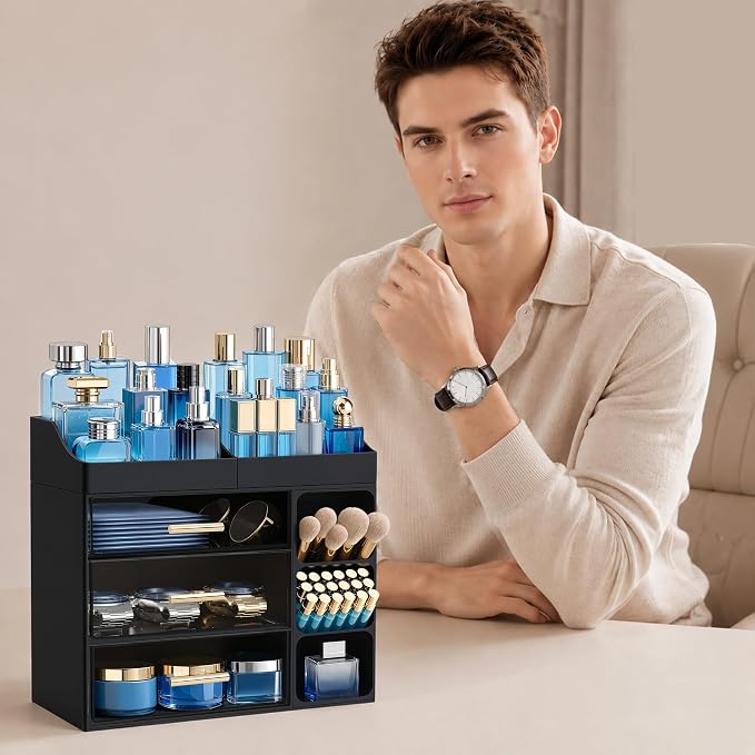 HBlife Cologne Organizer for Men Makeup Organizer Countertop with Brush Holder, Large Bathroom Counter Organizer with Drawers, Plastic Dresser Organizer Storage Fathers Day Gift for Dad Husband, Black