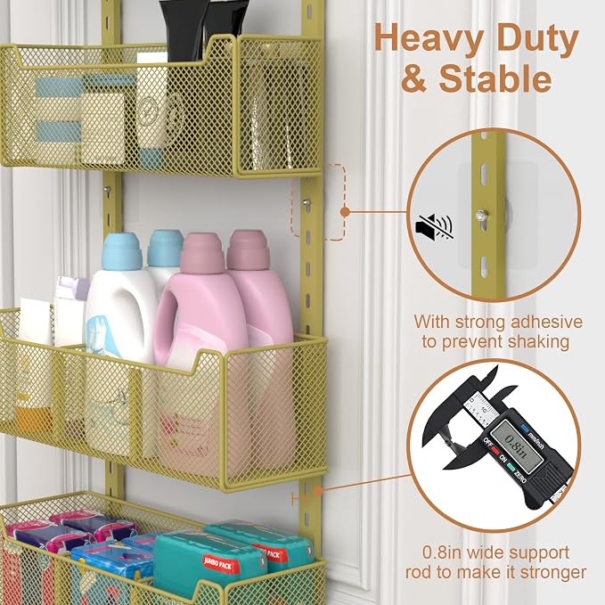VyGrow Over The Door Organizer, Metal Door Organizer Hanging with 5 Adjustable Baskets and Coat Hook, Behind The Door Storage for Bedroom Closet Bathroom Pantry Cabinet Kitchen, Gold
