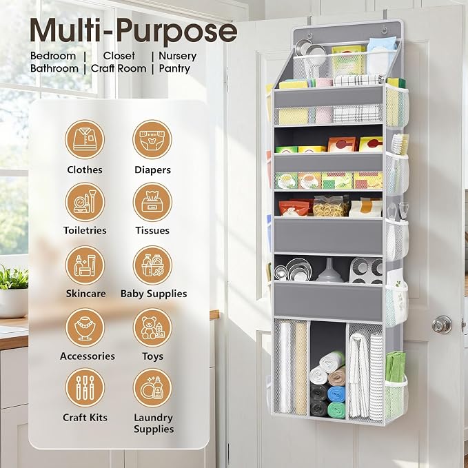 WISELIFE 5-Tier Over the Door Organizer for Nursery Hanging, Gray | Multi-Pocket Back of Door Baby Organizer for Diapers, Clothes & Nursery Essentials, Heavy-Duty Large Capacity, 50 Lb Capacity