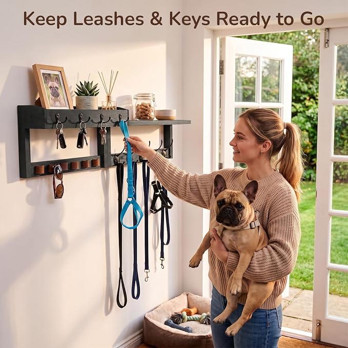 Wooden Key Holder Wall Mount with Shelf, Wall Key Rack and Mail Holder with 9 Key Hooks and 6 Sunglasses Holders, Farmhouse Key Hanger for Entryway Living Room Bedroom, Black