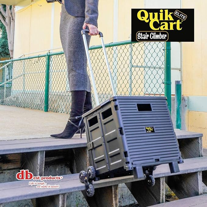 dbest products Quik Cart Elite Stair Climber Wheeled Rolling Crate Teacher Utility With seat Heavy Duty Collapsible Basket With Handle, Black | Collapsible, with Wheels, 120 lbs Capacity, Heavy Duty, Telescoping Handle, Folding Utility Cart with Seat