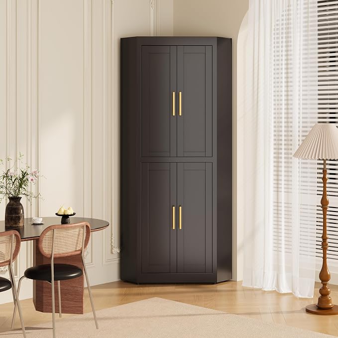 Farmhouse Corner Cabinet, 63" Tall Corner Storage Cabinet with 4 Doors & 3 Adjustable Shelves, Free Standing Storage Cabinet for Living Room, Kitchen, Bathroom, Black