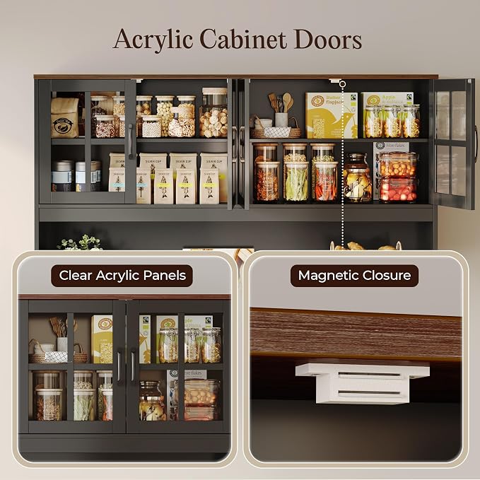 71''H x 55.1''W Pantry Cabinet with Charging Station, 4 Wide Cabinets Kitchen Pantry with 2 Drawers, Farmhouse Hutch Storage Cabinet, Tall Coffee Bar, Acrylic Door, Adjustable Shelves, Black