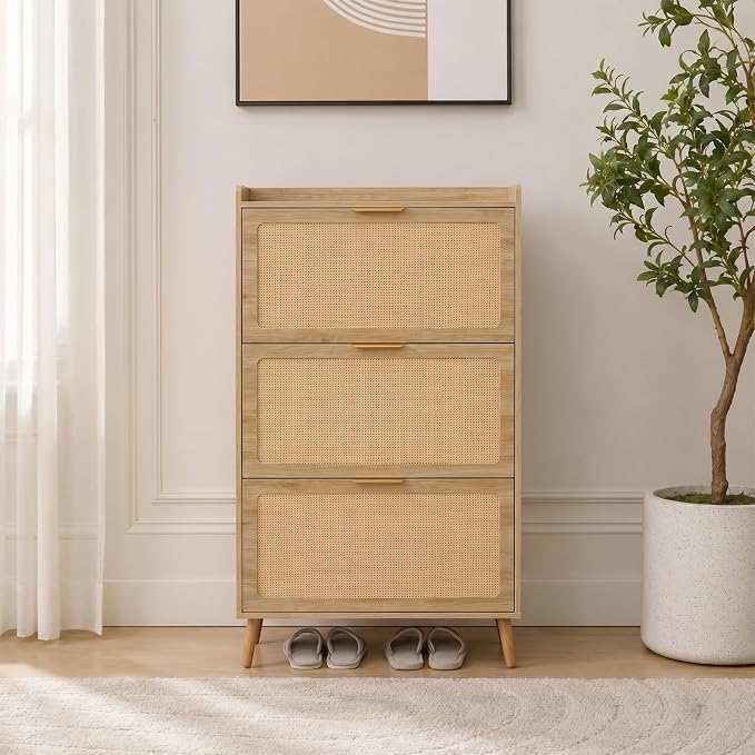 Shoe Cabinet, Rattan Shoe Storage Cabinet for Entryway with Flip Drawers | 3 Flip Drawers, Breathable Rattan, Odor Resistant, Hidden Shoe Organizer, Slim Space Saving, Narrow Cabinet, Entryway Storage