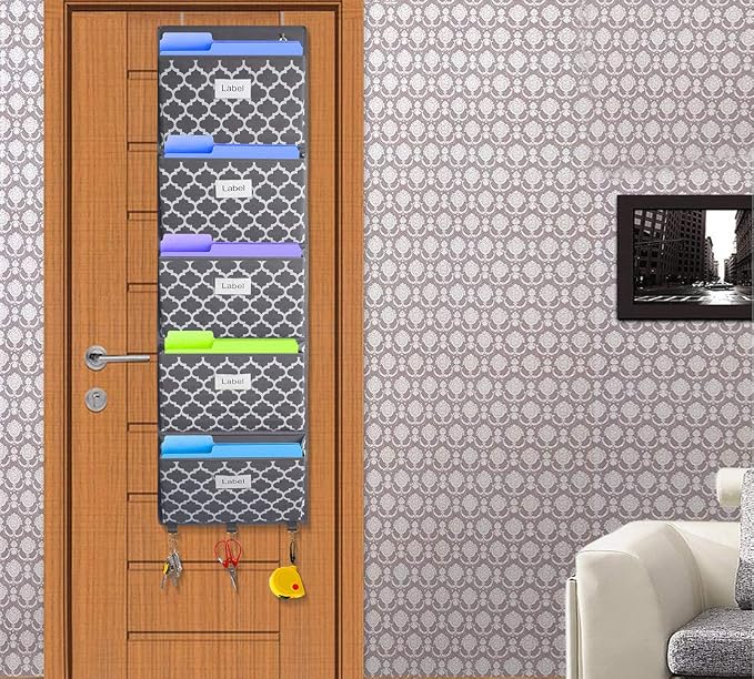 Over the Door File Organizer, Hanging File Folders, Wall Organizers and Storage for Mail, Magazine, Notebooks, Planners, Office, Classroom, 5 Extra Large Pockets (Grey Lantern Pattern)