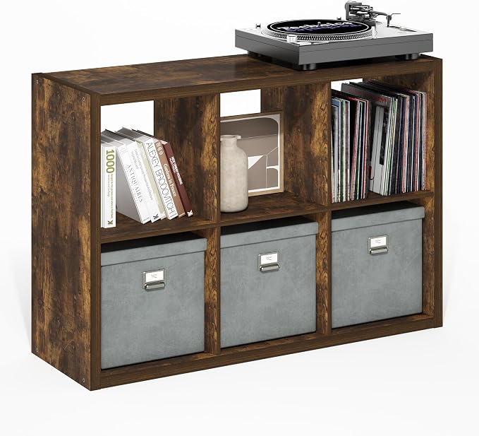 6-Cube Cubicle Bookshelf, Cube Bookcase with Open Back, Reversible Book Shelf, Cube Storage Organizer, 15 x 44 x 30, for Living Room, Home Office, Amber Pine