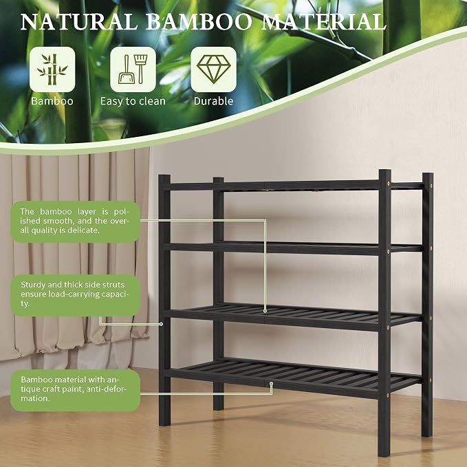 ROMGUAR CRAFT 4 Tier (Thick) Bamboo Shoe Rack for Closet Free Standing Wood Shoe Shelf for Entryway Small Space Stackable 27"x12"x28" (Blackl)