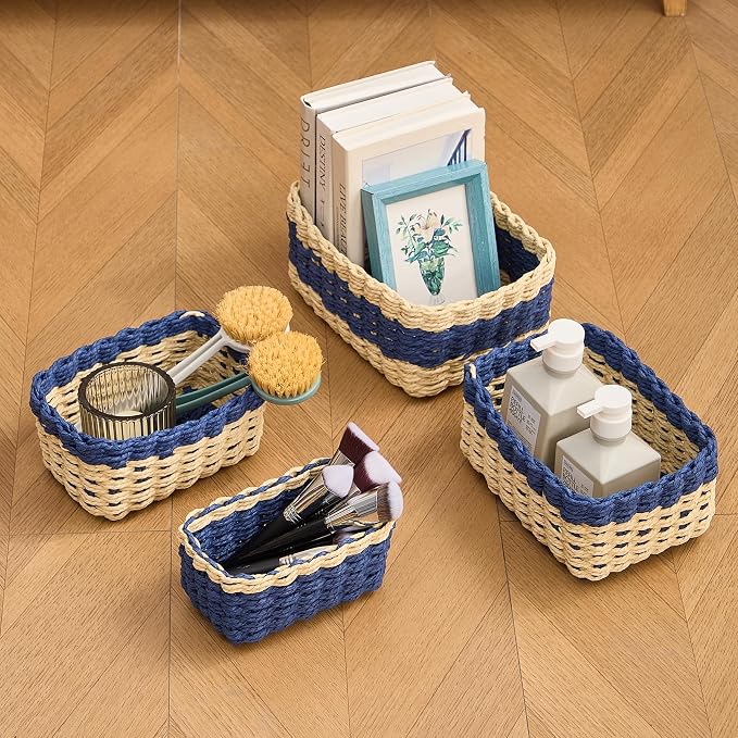 4PCS Woven Storage Baskets Set, Small Baskets for Organizing, Square Handwoven Paper Rope Organizer Bins for Shelves and Home Storage (Natural & Navy)