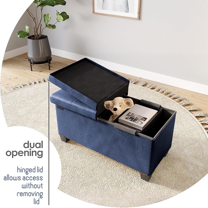 Storage Ottoman Bench with Bins, 30-in Storage Bench for Bedroom End of Bed, Folding Foot Rest Ottoman for Living Room Max 660lbs, Leather Ottomans, Blue