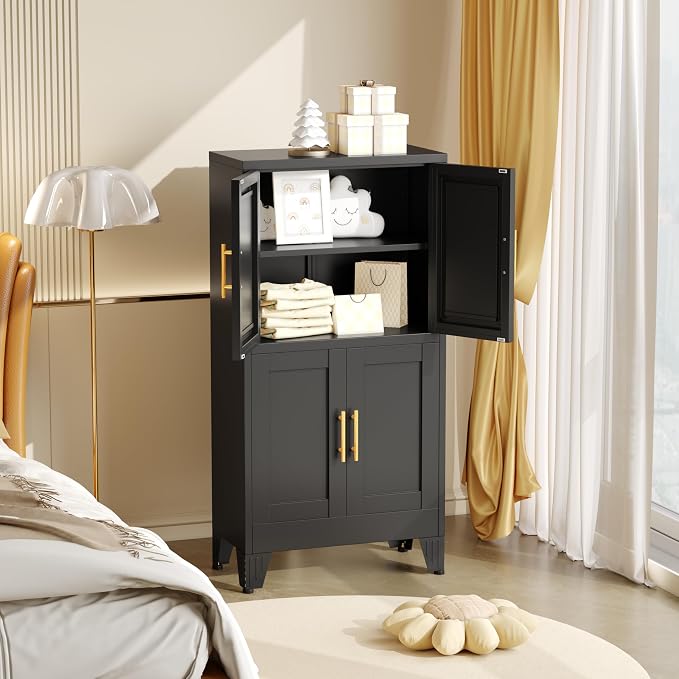 winiowa 47" Tall Kitchen Pantry Cabinet, Metal Storage Cabinet with Doors and Adjustable Shelves, Black Freestanding Pantry Cabinet for Kitchen, Dining Room, Living Room, Laundry Room, Bathroom