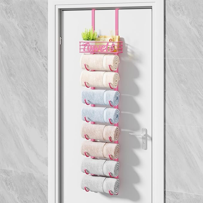 HapiRm Towel Racks for Bathroom Storage - 9 Tier Over The Door & Wall Mount Rolled Towel Storage Organizer Holder with Metal Shelf Basket for Small Bathroom, Camper, Rv - Pink, Patented