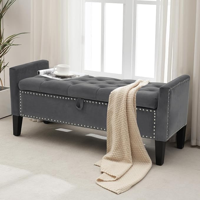 Velvet Ottoman with Storage, 46'' Upholstered Button Tufted End of Bed Bench with Arms, Modern Storage Bench for Living Room, Bedroom, Entryway, Dark Grey