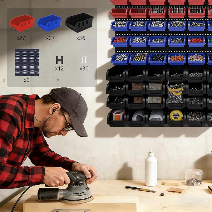 90Pcs Plastic Wall Mounted Storage Bins Parts Rack Nuts And Bolt Bins Organizer For Shop Garage for Screws, Nuts, Bolts, Nails, Beads, and Small Hardware Parts,Red,Blue,Black