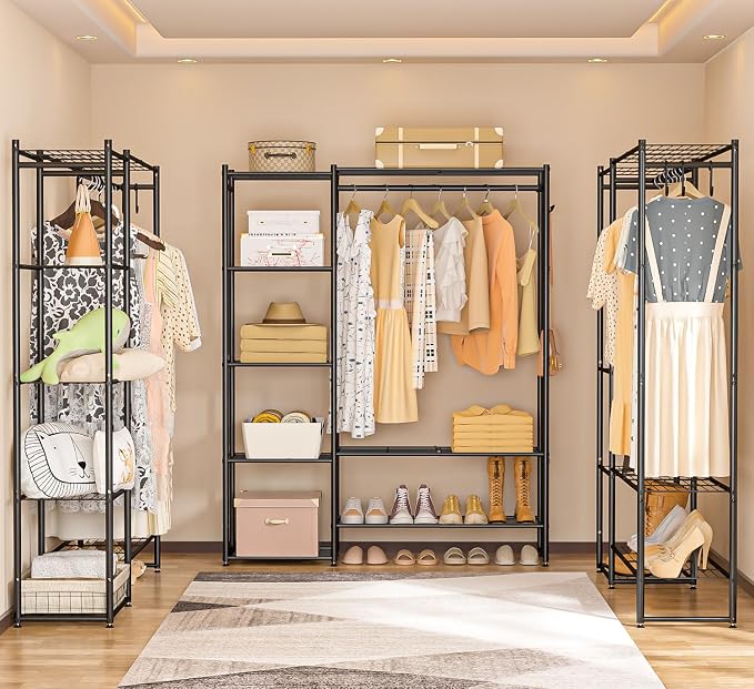 Closet Wardrobe, Closet Organizers and Storage System, Metal Clothes Rack | All in one, With 4 Tiers Shelves, Portable & Free Standing, for Hanging Clothes, for Cloakroom Bedroom