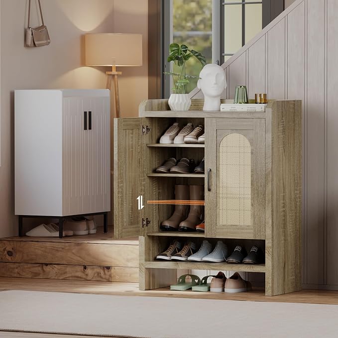 6-Tier Shoe Cabinet Storage for Entryway, Rattan Shoes Organizer Cabinets with Doors, Wooden Shoe Rack, Farmhouse Boho Wood Storage Cabinet (Natural, 6-Tier)