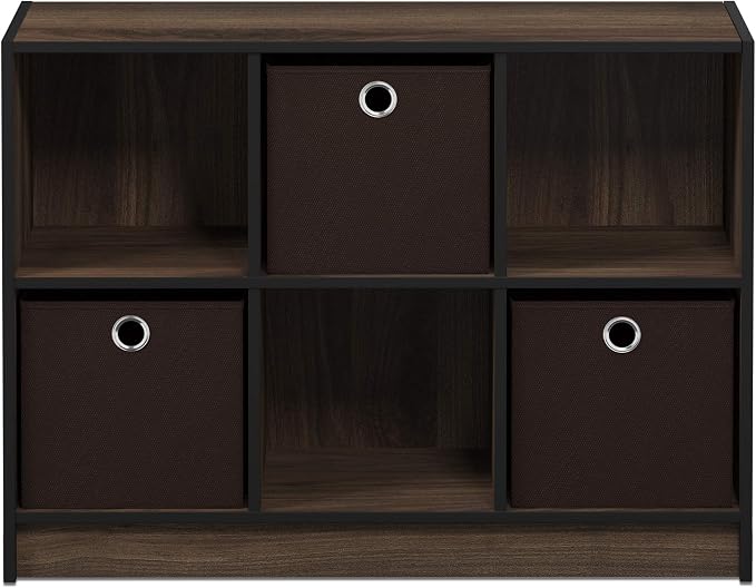 Furinno BASIC Book Shelf, 6-Cube Bookshelf with Open Shelf, 3 x 2 Bookcase with Storage Bins, Closed Back, Horizontal, 11.9 x 31.6 x 23.6, for Living Room, Bedroom, Home Office, Columbia Walnut