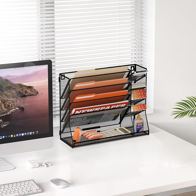 5-Tier Wall File Organizer with 4 Pen Holders and R-Shaped Tray, Black | 5-Tier Wall Organizer and Wall File Organizer with 4 Pen Holders and R-Shaped Base for Wall Mount or Desktop Use