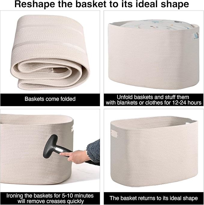 ICERZCZ White Laundry Basket, Blanket Baskets for Living Room, Cotton Rope Baskets for Storage, Woven Basket for Blankets, Toys, Clothes, Shoes, White, 25”x16”x16” (105L)