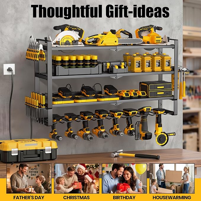 MOOMSINE Large Power Tool Organizer Wall Mount with Charging Station for Garage, 400lbs Metal Storage Rack with 8 Cordless Drill Holder, 4 Tier Heavy Duty Battery Tool Shelf with 5 Outlet Power Strip