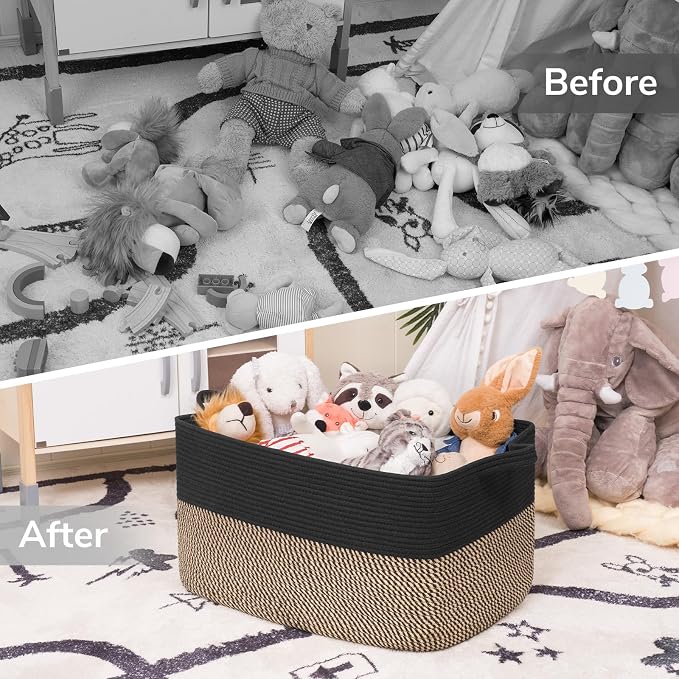 Goodpick 75L Extra Large Blanket Basket, 22" x 17" x 12", Black & Jute | Decorative Storage Basket for Blankets, Pillows & Toys, Living Room & Bedroom Organization, Built-In Woven Handles