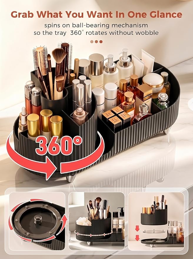 Booklov Rotating Makeup Organizer for Vanity Countertop, Black | Plastic Cosmetic Display Case, Large Beauty Brush Holder for Bathroom Counter, Skin Care Perfumes Storage