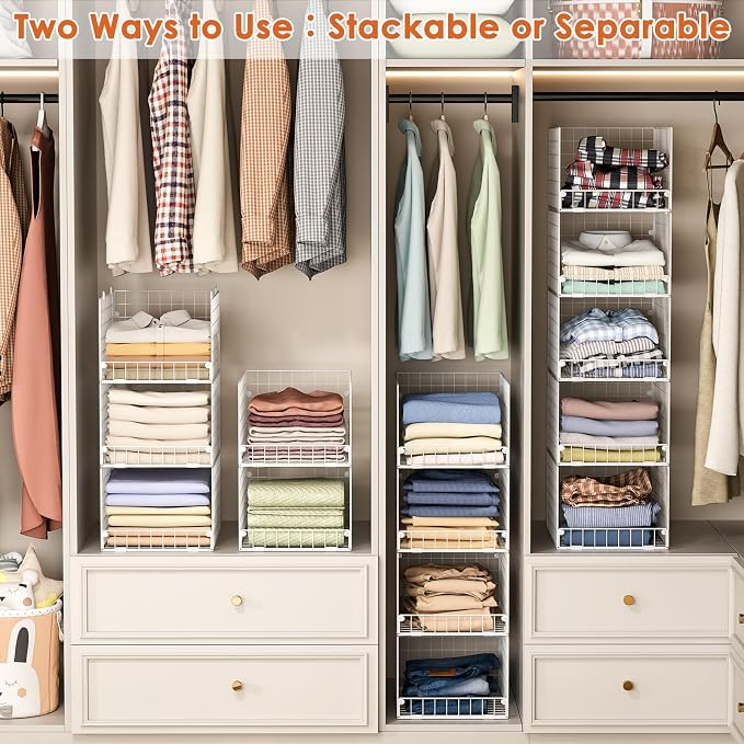 5-Tier Stackable Closet Storage Shelves, Closet Organizers and Storage Basket, Foldable & Stackable Closet Organizers for Closet System, Space-Saving Closet Shelf for Home ,White(Patent No. 30022416)