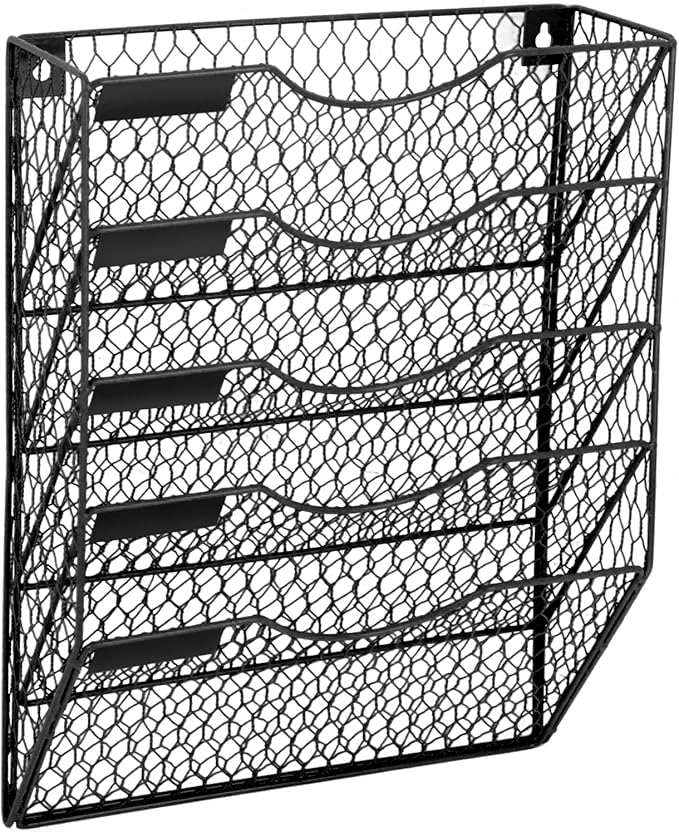EASEPRES Mail Organizer Wall Mount, 5 Tier Metal Chicken Wire Hanging File Holder Office Storage and Organization