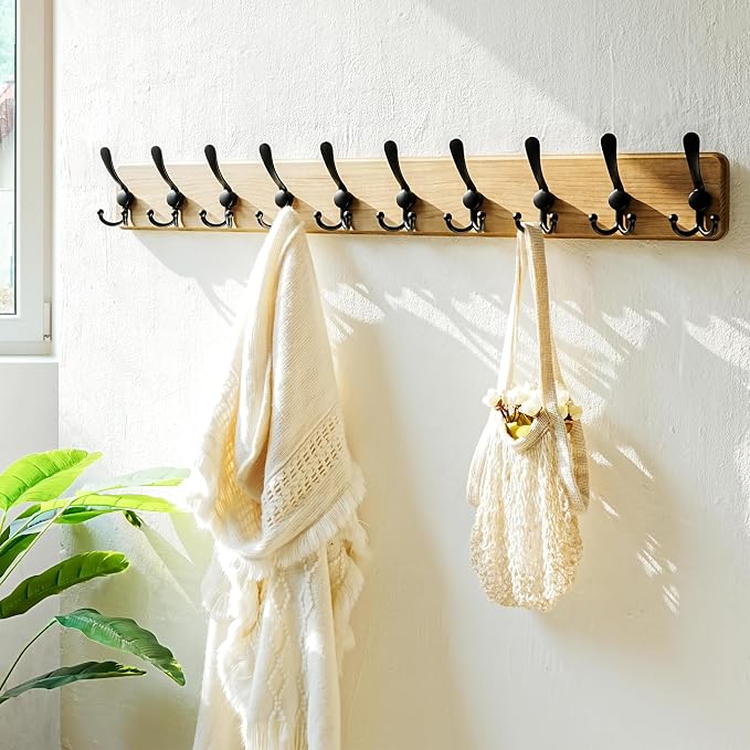 Coat Rack Wall - Heavy-Duty 38-1/4" Long, with Reinforced 10 Custom Tri-Hooks, Solid Wood Wall Hanger for Coats Hat Jackets - Rustic Farmhouse Entryway Hallway Storage, Weathered Brown & Black