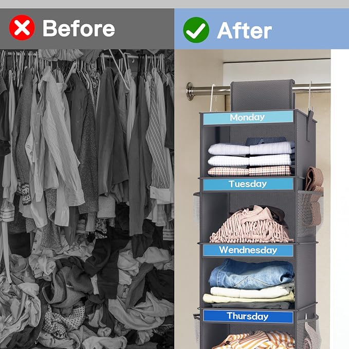 Fixwal Weekly Kids Clothes Organizer 2 Pack 6-Shelf Hanging Storage | Nonwoven Fabric, 6 Daily Shelves, 6 Mesh Side Pockets, 2 Metal Hooks, Foldable Design, for Kids Outfits and Accessories