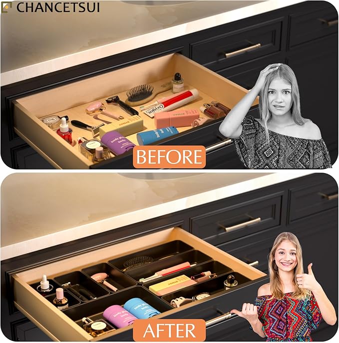Black Bathroom Drawer Organizer Trays: 9 PC Stackable Desk Organizers Bin | vanity office kitchen modern shallow containers modular storage