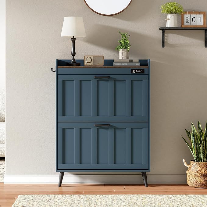 ChooChoo Shoe Storage Cabinet with 2 Flip Drawers and Deodorizer | Shoe Organizer Storage for Entryway, Freestanding Hidden Slim Narrow Shoe Rack Cabinet, Blue