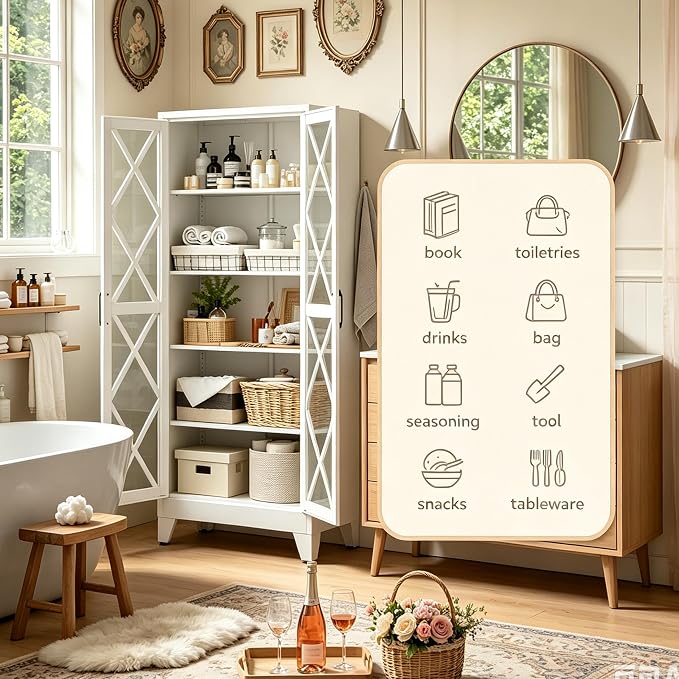 71"H White Pantry Kitchen Cabinet with Doors,Black Storage Cabinets,Freestanding Pantry Cabinet,Farmhouse Food Storage Cabinets,Tall and Large Pantry Cabinets for Kitchen, Dining Room, Living Room