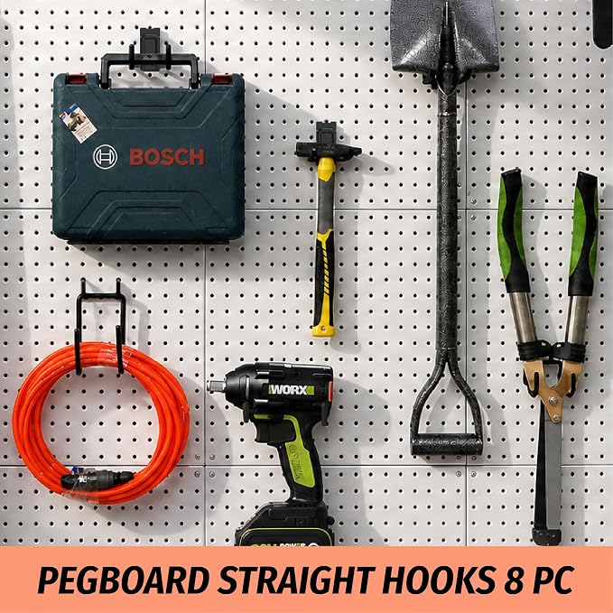 HUHOLE 8 Pack 4 Inch Double Arm Pegboard Hooks for 1/4 Inch Pegboard | Vinyl Coated Tool Holders, 30 lb Steel Hangers for Garage, Workshop, Shed and Workbench Storage