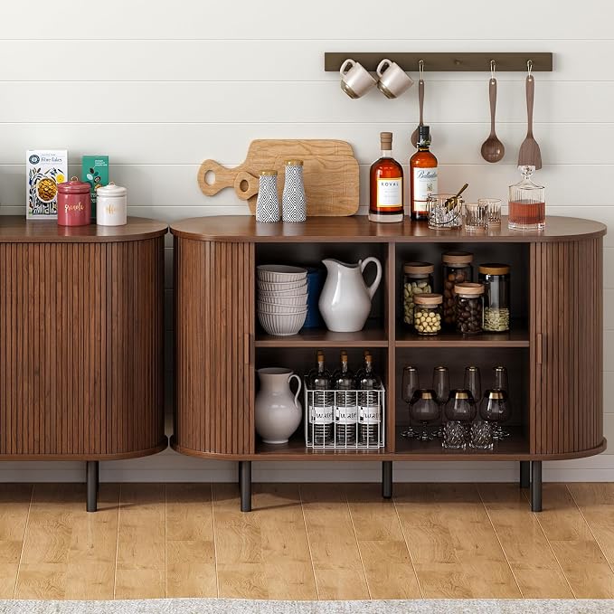 48" Sideboard Buffet Cabinet with Storage, Storage Cabinet with Sliding Door & Adjustable Shelf, Modern Accent Coffee Bar Console Table for Kitchen, Entryway, Walnut