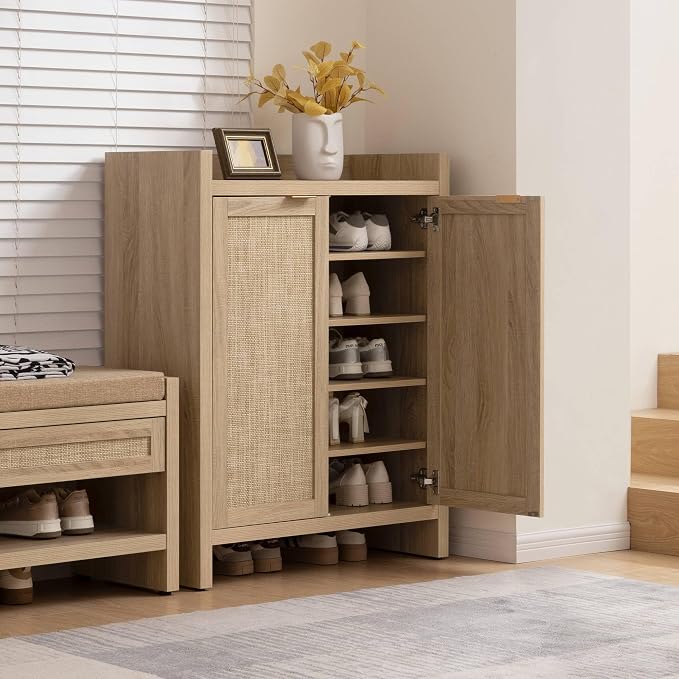 SICOTAS Shoe Cabinet Set of 2 Large Capacity Shoe Storage Organizer Cabinet | Tall Rattan Shoe Cabinet with Doors and Shelves, 6-Tier Farmhouse Boho Wooden Storage Cabinet for Entryway, Light Oak