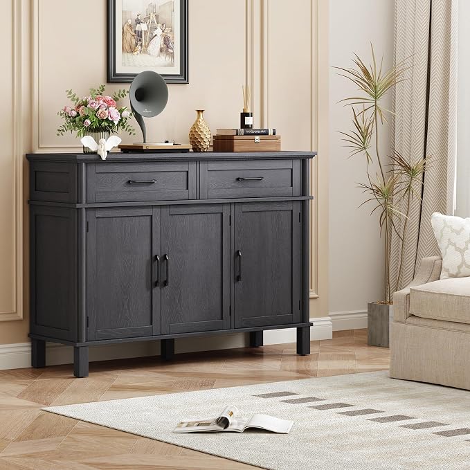 48 Inches Buffet Cabinet with Storage, Farmhouse Sideboard Buffet w/2 Drawers and 3 Doors, Wood Coffee Bar Cabinet with Adjustable Shelves, Sideboard Storage for Kitchen, Living Room, Black