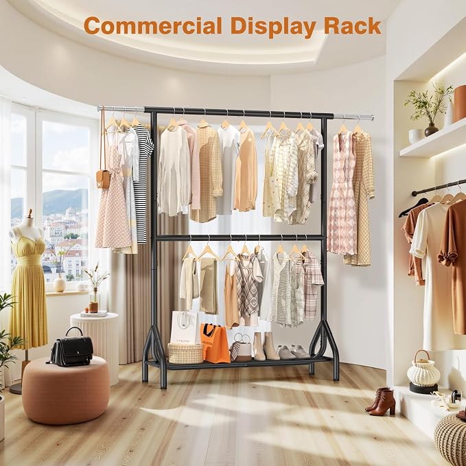 EAGMAK Double Rod Clothing Rack Load 622 LBS, Heavy Duty Clothes Rack for Hanging Clothes, 82.68 inch High Garment Rack with Sotrage Shelves, Metal Clothing Hanger Closet Wardrobe Organizer (Black)
