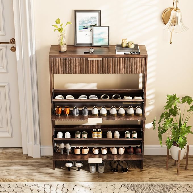 Fluted Shoe Cabinet Storage with 2 Flip Drawers & 1 Drawers, Wood Narrow Hidden Shoe Cabinet for Entryway, Freestanding Slim Shoe Rack Organizer for Foyer Hallway Living Room(Walnut)