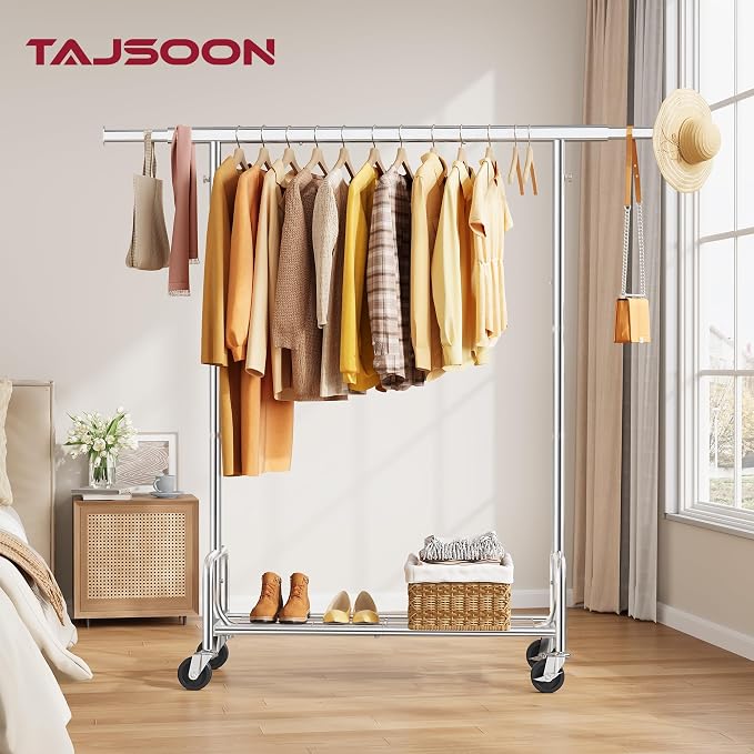 Clothes Rack with Shelf, Rolling Heavy Duty Load 300 LBS, Chrome | Clothing Rack with Extendable Rod and Height Adjustable, Portable Garment Rack for Bedroom, Rental Apartments, Market Stalls