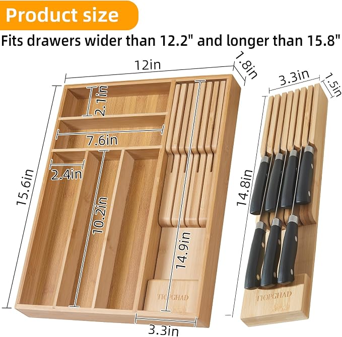 Small Bamboo Silverware Organizer Kitchen Utensil Tray, Natural | Removable Knife Block, Holds 7 Knives, Adjustable Dividers, 15.6 x 12 x 1.8 in, Drawer Insert for Utensils, Forks