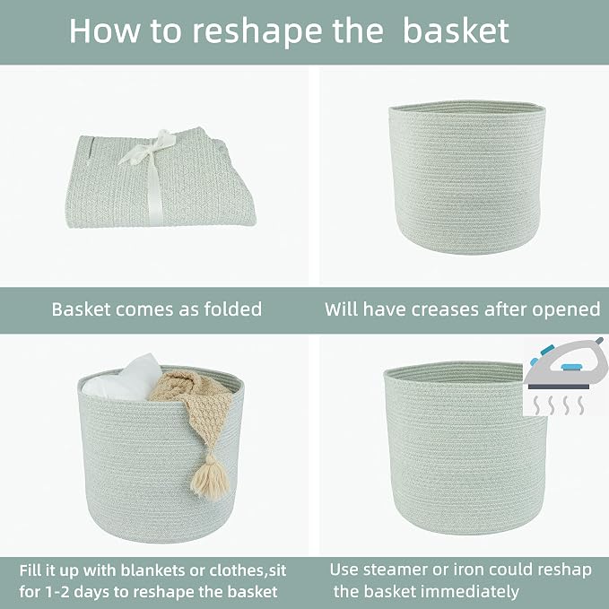 XUANGUO Cotton Rope Baskets For Girls Boys Kids 16”X14” Light Green | Baby Laundry Baskets, Blanket Basket, Nursery Bin; Round Woven Basket Organizer for Toy Storage, Blankets, Shoes and Clothes