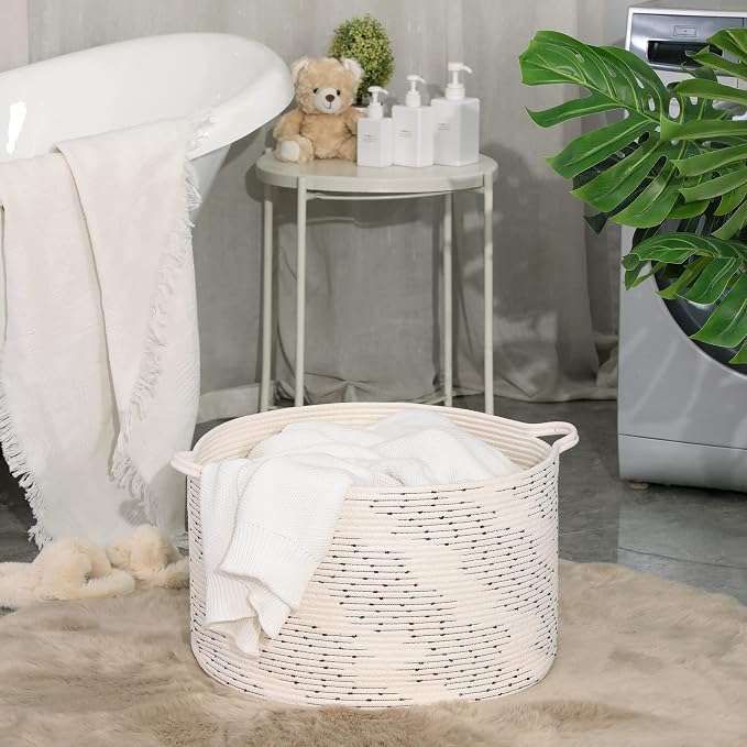KAKAMAY Large Blanket Basket (20"x13"),Woven Baskets for storage Baby Laundry Hamper,Cotton Rope Blanket Basket for Living Room, Laundry, Nursery, Pillows, Off White with Blue & Brown Dotted Pattern | Extra Large Capacity | Natural Cotton Rope | Blanke...